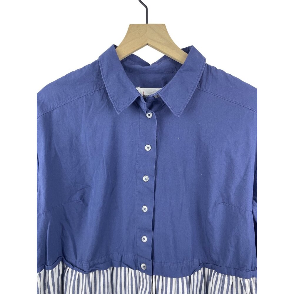 Anthropologie Women's Size Large Blue Twofer Oversized Popover Button Down Top - Picture 2 of 9